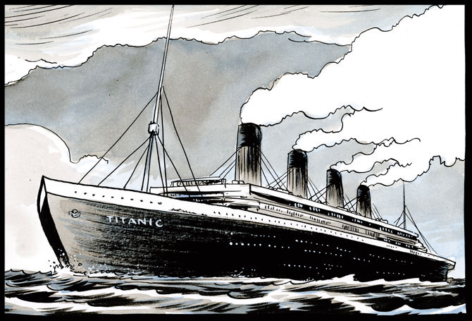 A black-and-white drawing of a huge steam ship with the word "Titanic" written on its hull