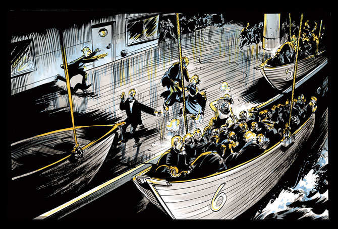 A drawing of people running around on a ship&apos;s deck, climbing into smaller boats
