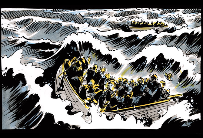 A drawing of a big crowd of people in a small boat being tossed around on stormy ocean waves