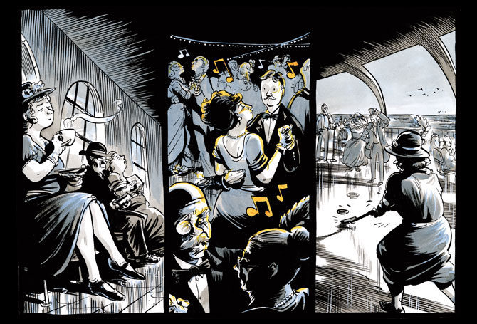 Black-and-white drawings of people drinking coffee, dancing, and playing games