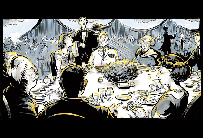Black-and-white drawing of people sitting around a dinner table with a tablecloth and wineglasses