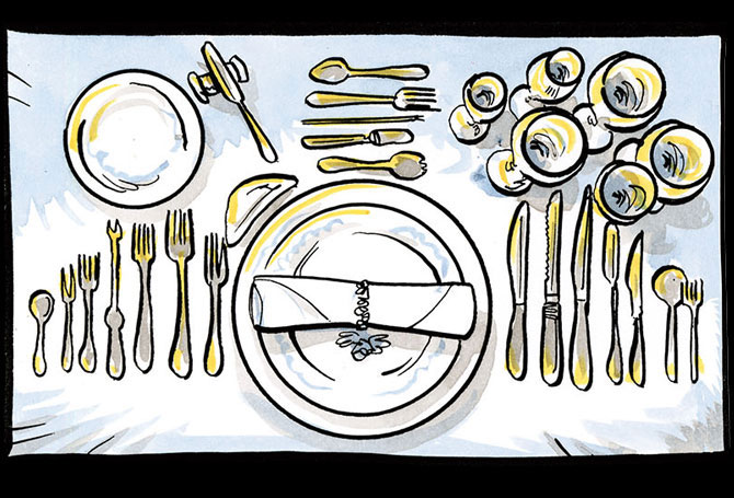 A table setting with eight forks, seven knives, four spoons and six glasses