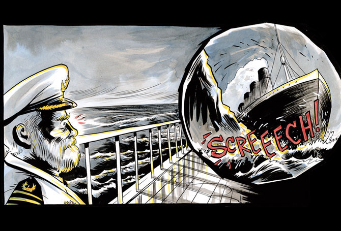 Black-and-white drawings of a shocked-looking captain looking out at the ocean, and a ship crashing