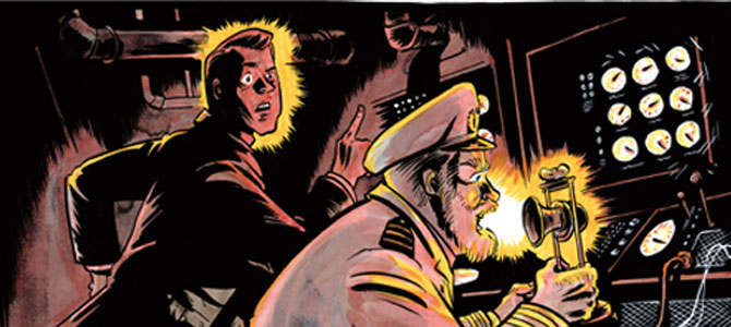Drawing of a captain and another person standing at a control board and looking scared