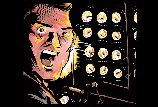 A drawing of a scared looking person turning around quickly from a board covered with dials
