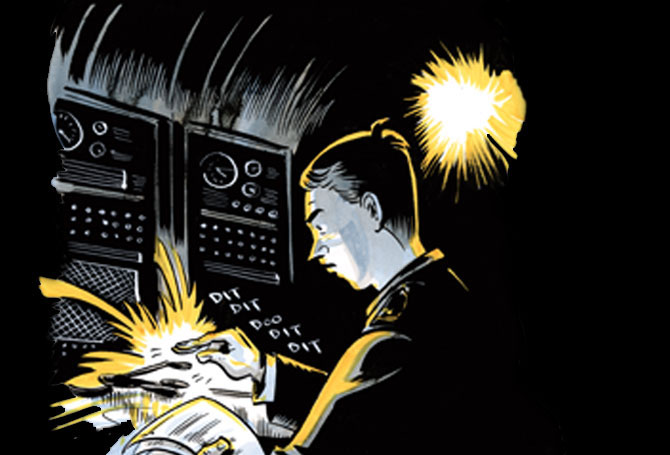 A drawing of a person tapping on a telegraph machine