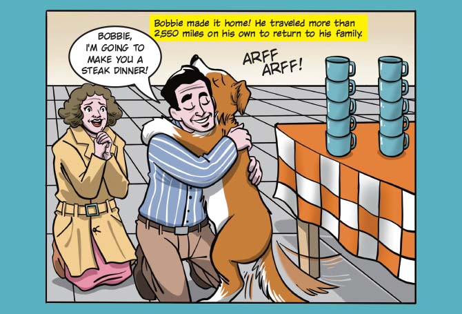 Illustration of owners reuniting with their dog