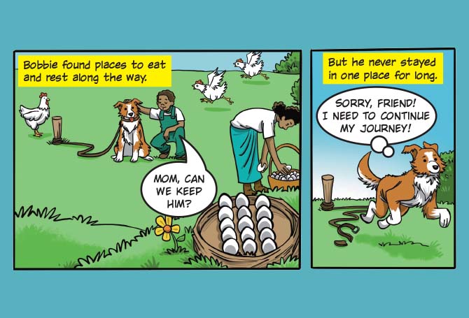 Illustration of a kid finding a dog on his family farm