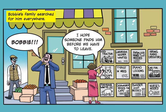 Illustration of people putting up posters of their missing dog