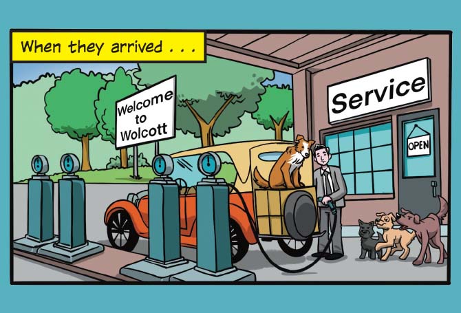 Illustration of dogs with a person at a gas station