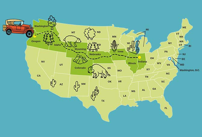 Illustration of a specific route on the map of America