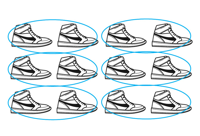 Illustration of six groups of two pairs of identical shoes